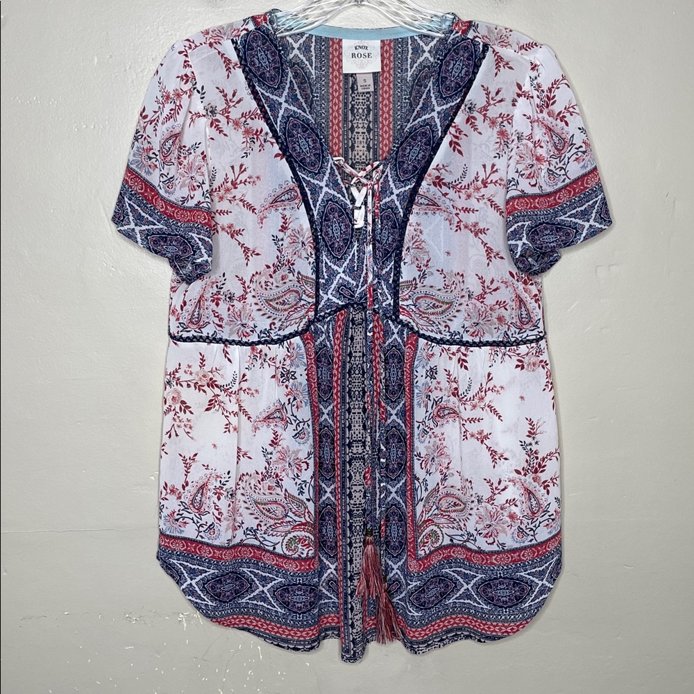 Knox Rose Blue & White Boho Hippie Semi Sheer Flutter Sleeve Tunic Top Small
